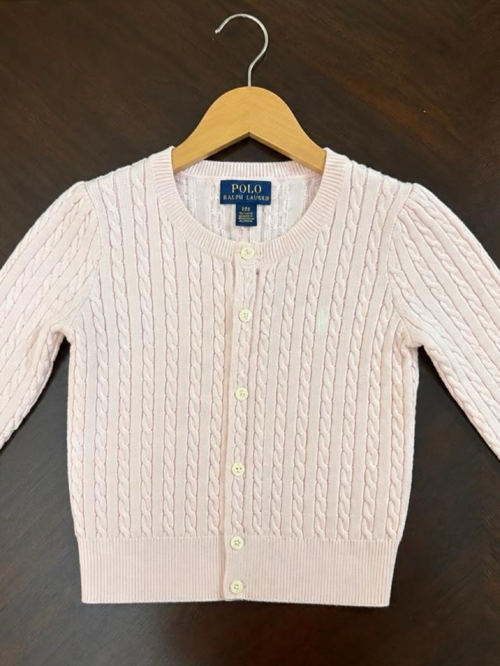 Polo Ralph Lauren Girls 3T Light Pink Cable Knit Cardigan Sweater Pony